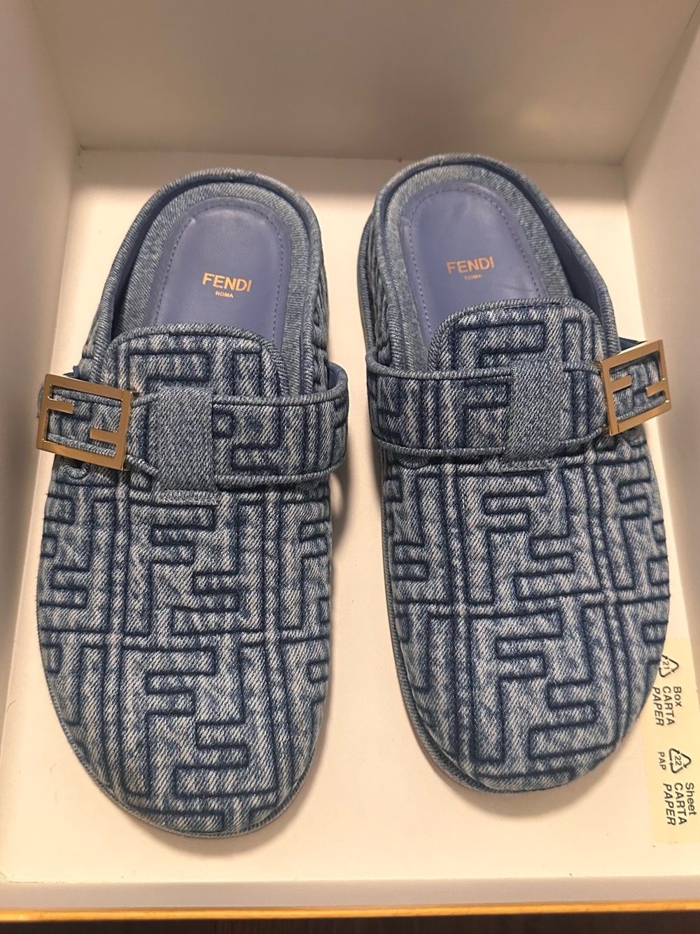 Fendi Navy Quilted Denim FF Mule Slides